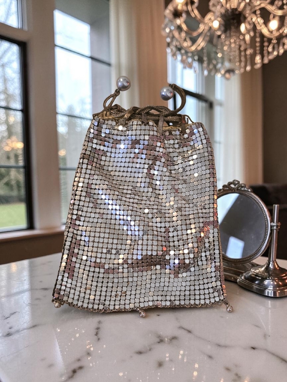 Vintage Whiting & Davis Style Silver Metal Mesh Drawstring Bag Purse Disco